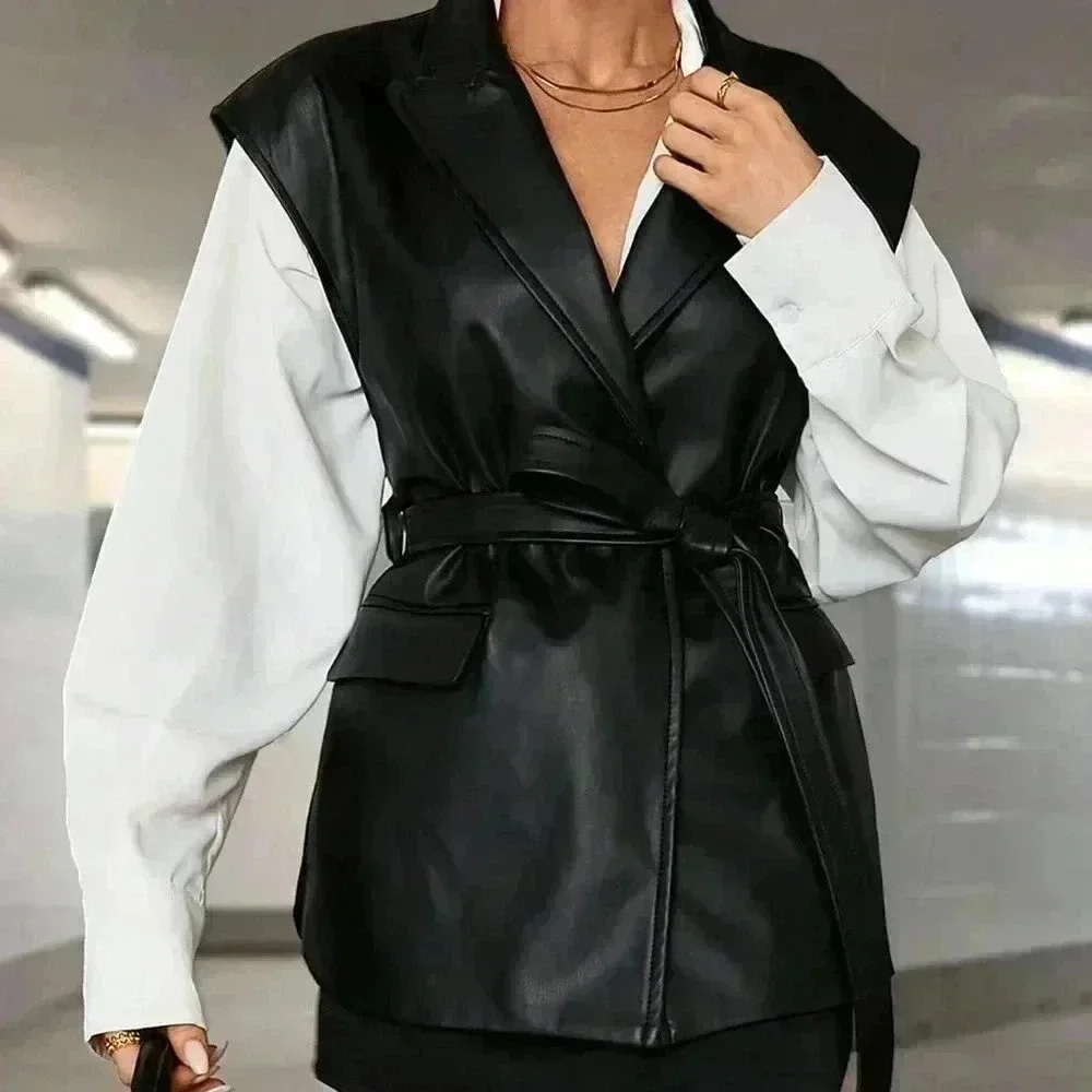 Black Elegant Women's Vintage Faux Leather Lapel Vest Jacket